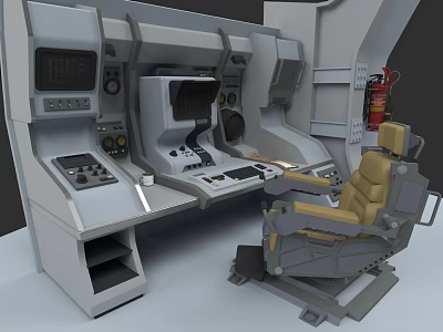 Ergonomic Armchair In Control Room With Console Panel Buttons And Equipment 3d model