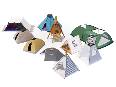Different Types of Stylish Camping Tents with Teepee Dome and Popup Designs 3d model