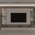 Modern TV Wall Design With Marble Texture Display Cabinets And Decorative Plants