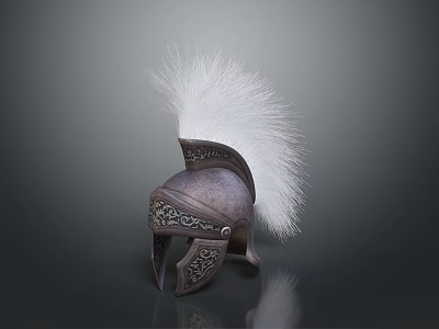 Ancient Weapon Helmet Showcasing Metallic Construction Decorative Carvings And White Plume 3d model