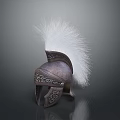 Ancient Weapon Helmet Showcasing Metallic Construction Decorative Carvings And White Plume 3d model