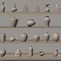 Ceramic Vessels of Various Shapes Displayed on Wooden Shelves with Neutral Tones