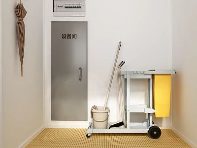 Utility Room Corner With Cleaning Cart Mop Bucket Yellow Container And Hanging Umbrella 3d model