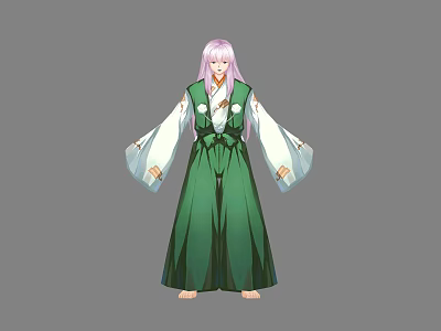 Anime Character And Creature With Purple Long Hair Wearing Green White Traditional Robe With Sash 3d model