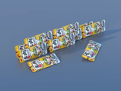 Daily Household Necessities in Yellow Packaging with Cartoon Patterns Arranged in Multiple and Single Pieces 3d model