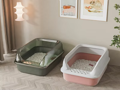 Modern Cat Litter Boxes In Home With Paintings And Lamp 3d model