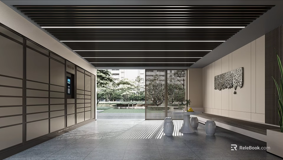 Modern Leisure Area with Metal Grille Green Plants Gray Floor Tiles and Decorative Painting 3d model 
