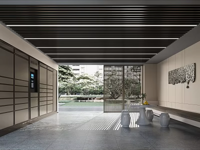 Modern Leisure Area with Metal Grille Green Plants Gray Floor Tiles and Decorative Painting 3d model