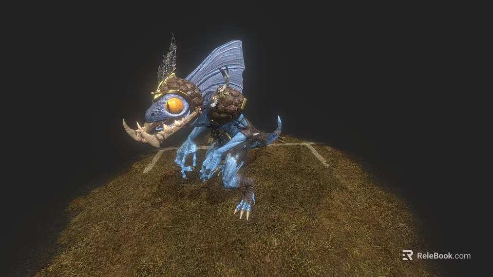 Blue Fantasy Game Character With Large Eye Wings And Head Ornament Standing On Grass 3d model 