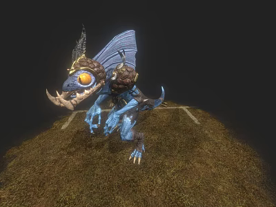 Blue Fantasy Game Character With Large Eye Wings And Head Ornament Standing On Grass 3d model
