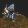 Blue Fantasy Game Character With Large Eye Wings And Head Ornament Standing On Grass