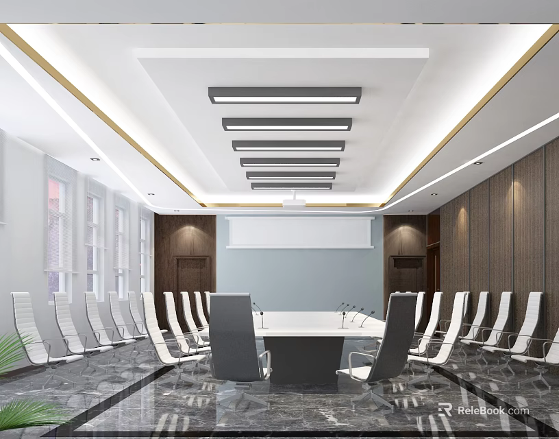 Modern Conference Room Interior Design With Large Table White Chairs Wooden Panels And Lighting 3d model 