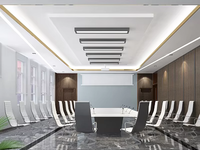 Modern Conference Room Interior Design With Large Table White Chairs Wooden Panels And Lighting 3d model