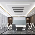 Modern Conference Room Interior Design With Large Table White Chairs Wooden Panels And Lighting