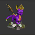 Purple Dragon Figurine With Yellow Horns Wings And Rock Base With White Stones Green Moss