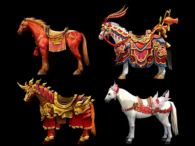 Game and Movie Character Mounts Featuring Decorated Horses in Various Colors 3d model