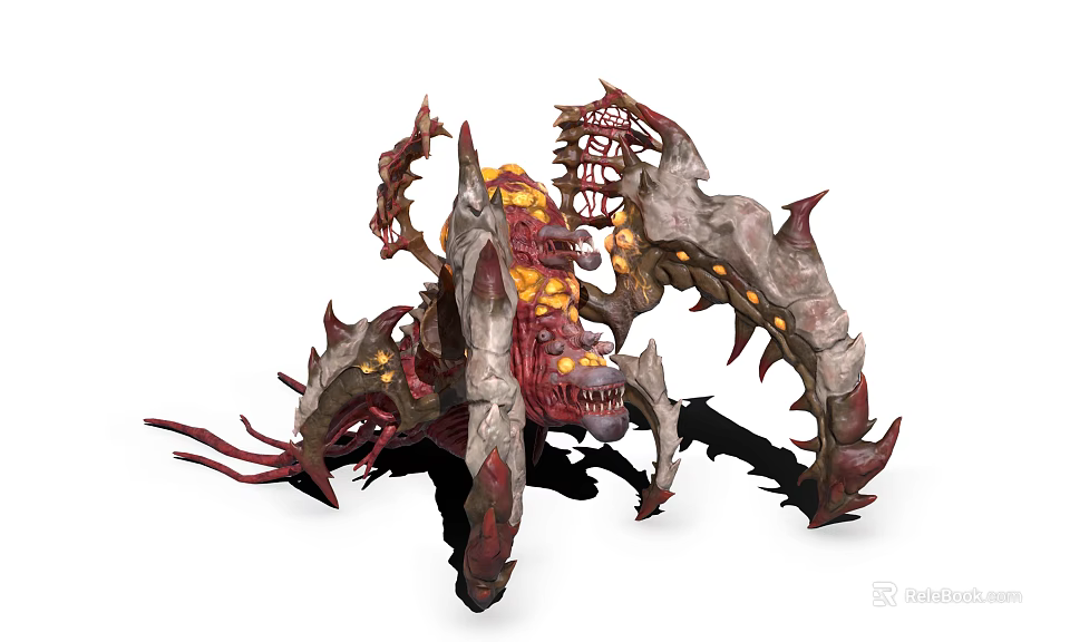 Menacing Hybrid Monster With Red Gray Body Multiple Limbs Spikes Tentacles And Yellow Glowing Parts 3d model 