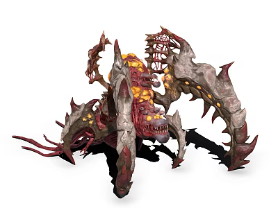 Menacing Hybrid Monster With Red Gray Body Multiple Limbs Spikes Tentacles And Yellow Glowing Parts 3d model