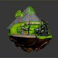 Floating Island Natural Landscape With Green Grass Tall Trees And Flowing Waterfall Path