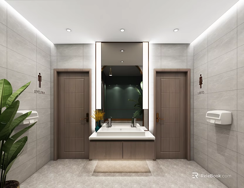 Modern Public Restroom Interior With Clean Tiled Walls Washbasin Mirror And Green Plant 3d model 