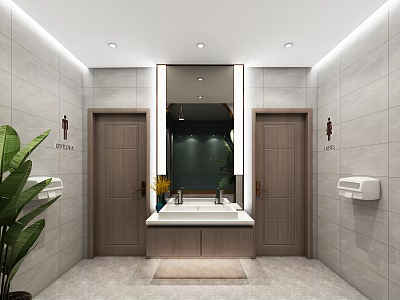 Modern Public Restroom Interior With Clean Tiled Walls Washbasin Mirror And Green Plant 3d model
