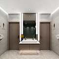 Modern Public Restroom Interior With Clean Tiled Walls Washbasin Mirror And Green Plant
