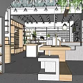 Modern Boutique Interior With Wooden Shelves Display Tables Hanging Lights and Plants