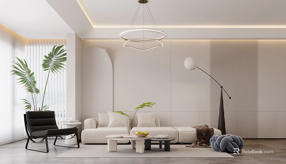 Modern Living And Dining Area Interior With Beige Sofa Coffee Table Plants And Pendant Lighting 3d model 