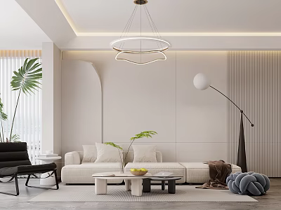 Modern Living And Dining Area Interior With Beige Sofa Coffee Table Plants And Pendant Lighting 3d model