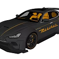 Sporty Car Design With Dark Gray Exterior Gold Wheels Rear Spoiler And Orange Seats