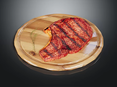 Juicy Grilled Steak Served on Rustic Wooden Platter with Fresh Herb Garnish 3d model
