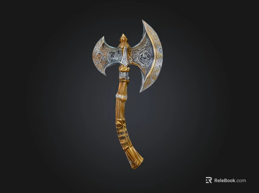 Detailed Ornate Decorative Axe With Intricate Silver Patterns And Golden Carved Handle 3d model 