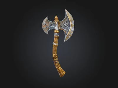 Detailed Ornate Decorative Axe With Intricate Silver Patterns And Golden Carved Handle 3d model