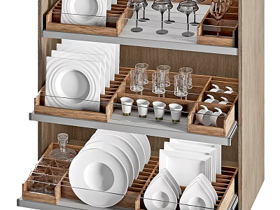 Storage Cabinet With Organized Plates Cups Glasses Wooden Dividers And Metal Frame 3d model