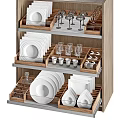 Storage Cabinet With Organized Plates Cups Glasses Wooden Dividers And Metal Frame