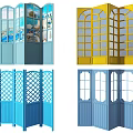 Stylish Folding Screens With Blue Yellow Frames Glass Lattice Arched Panels 3d model
