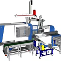 Industrial Injection Molding Equipment With Automated Robotic Arm Conveyor Belt And Control Panel