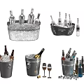Assorted Wine Bottles And Glasses In Ice Buckets With Ice Cubes And Various Designs