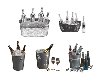 Assorted Wine Bottles And Glasses In Ice Buckets With Ice Cubes And Various Designs 3d model