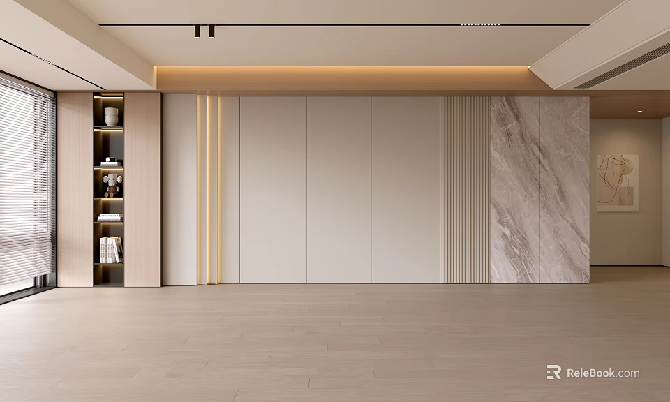 Modern Living Room Interior With Beige Panel Walls Marble Accent And Wooden Flooring 3d model 