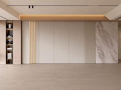 Modern Living Room Interior With Beige Panel Walls Marble Accent And Wooden Flooring 3d model