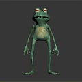 3D Green Frog Character With Red Eyes Standing On Shiny Surface And Light Belly