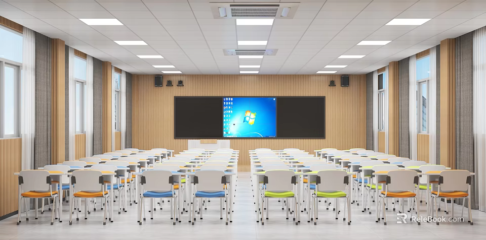 School Classroom With Large Screen Wooden Walls Windows Colorful Chairs And Ceiling Lighting 3d model 