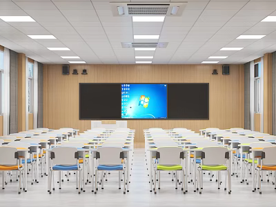 School Classroom With Large Screen Wooden Walls Windows Colorful Chairs And Ceiling Lighting 3d model