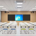 School Classroom With Large Screen Wooden Walls Windows Colorful Chairs And Ceiling Lighting