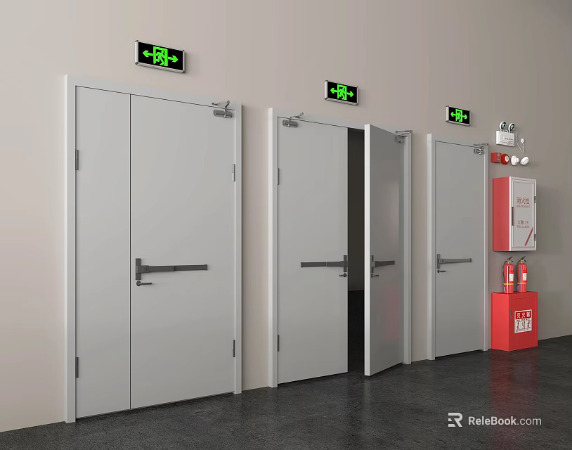 Building Corridor With Emergency Exit Signs Three Doors And Fire Extinguisher Cabinet 3d model 