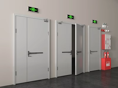 Building Corridor With Emergency Exit Signs Three Doors And Fire Extinguisher Cabinet 3d model