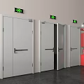Building Corridor With Emergency Exit Signs Three Doors And Fire Extinguisher Cabinet