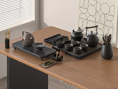 Minimalist Black Tea Set With Teapot Cups And Tray On Wooden Table 3d model