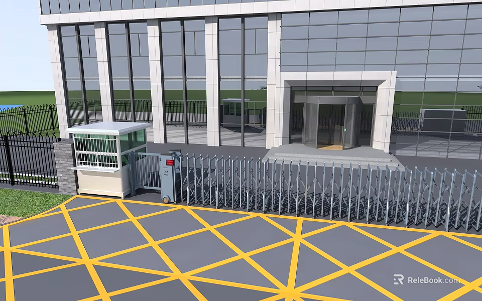 Modern Building Gate with Guard House Metal Railings and Yellow Grid Lines on Ground 3d model 